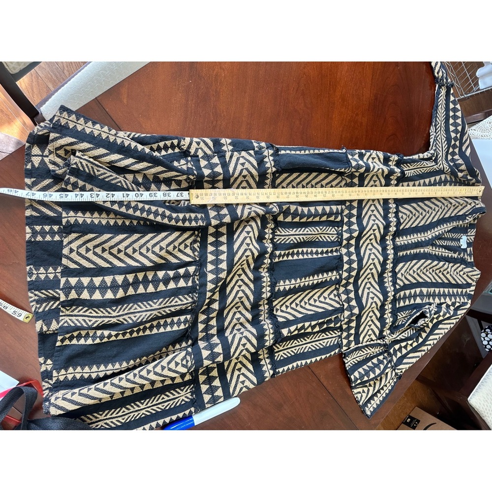 Mud Pie Black Tan Geometric Tribal Print Tier Midi Dress Small Boho Bell Sleeve - Picture 6 of 7